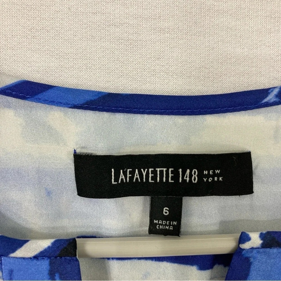 Lafayette 148 New York Blue Black Striped Y Neck 100% Silk Popover Top size 6 - Picture 2 of 10